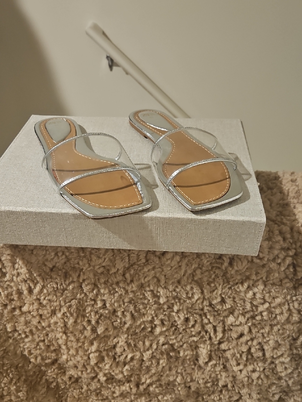Zara Clear-Strap Slide Sandals with Silver Trim and Tan Footbed